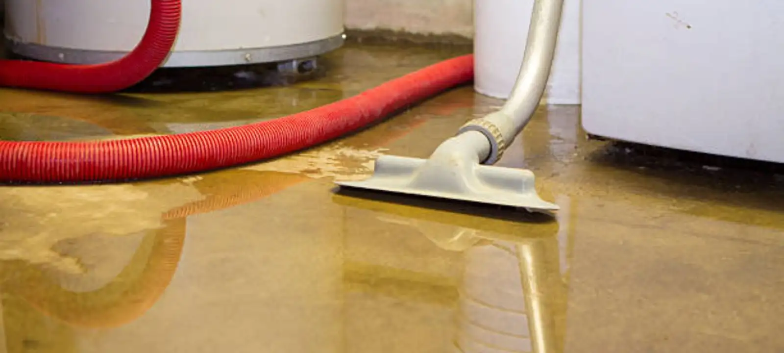 Wet vacuum pulling water from a floor beside a washing machine